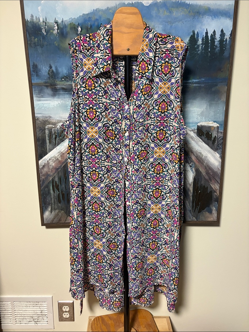 Spense Sleeveless Midi Dress in Purple, Pink, Yellow Tile Print